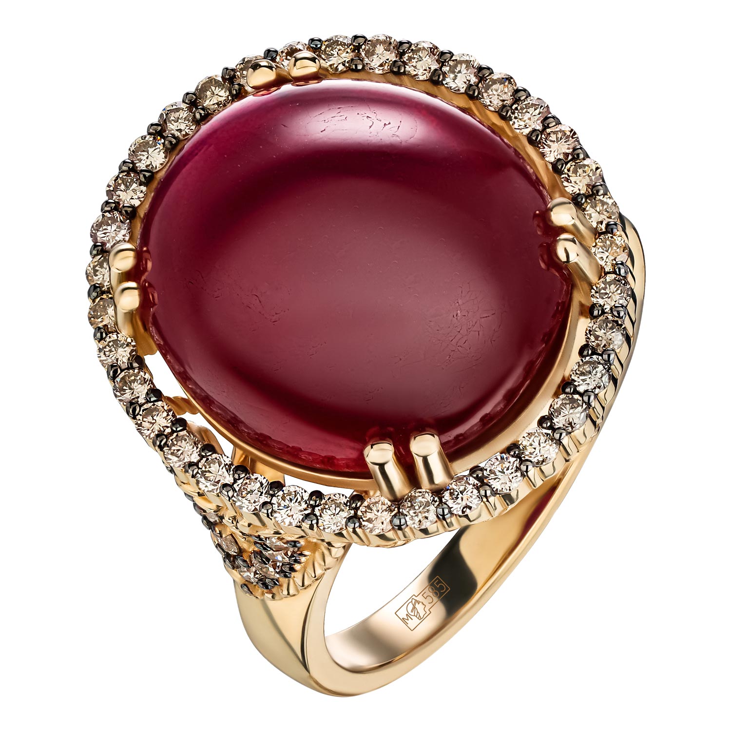 Женский золотой перстень SARGON JEWELRY R1057-2023 с рубином, коньячными бриллиантами