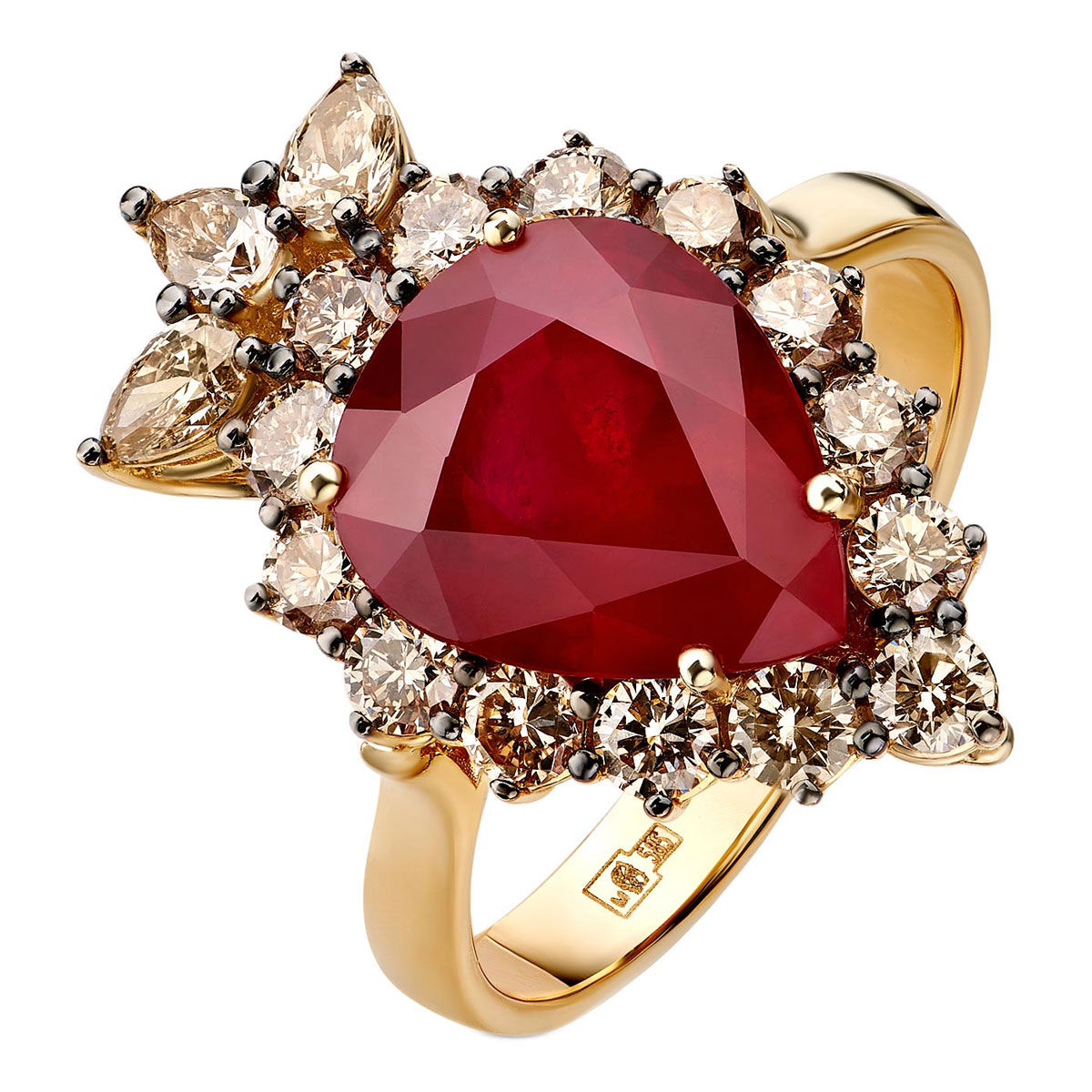 Золотое кольцо SARGON JEWELRY R1479-2023 с рубином, коньячными бриллиантами