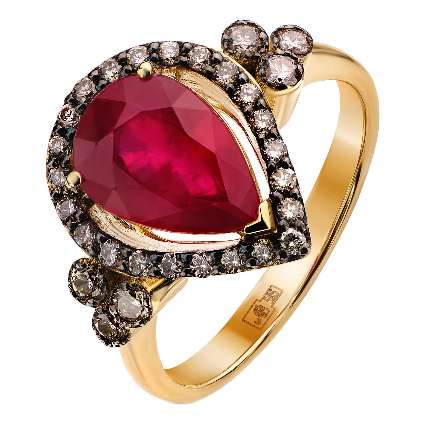 Женский золотой перстень SARGON JEWELRY RL1371-2023 с рубином, коньячными бриллиантами