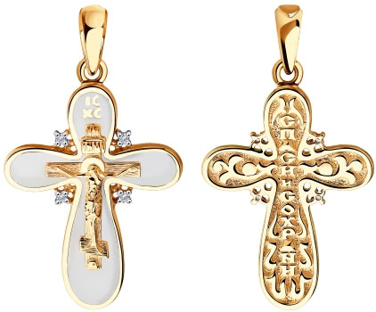 Женский золотой православный крестик с распятием SOKOLOV 1120103 с эмалью, бриллиантами