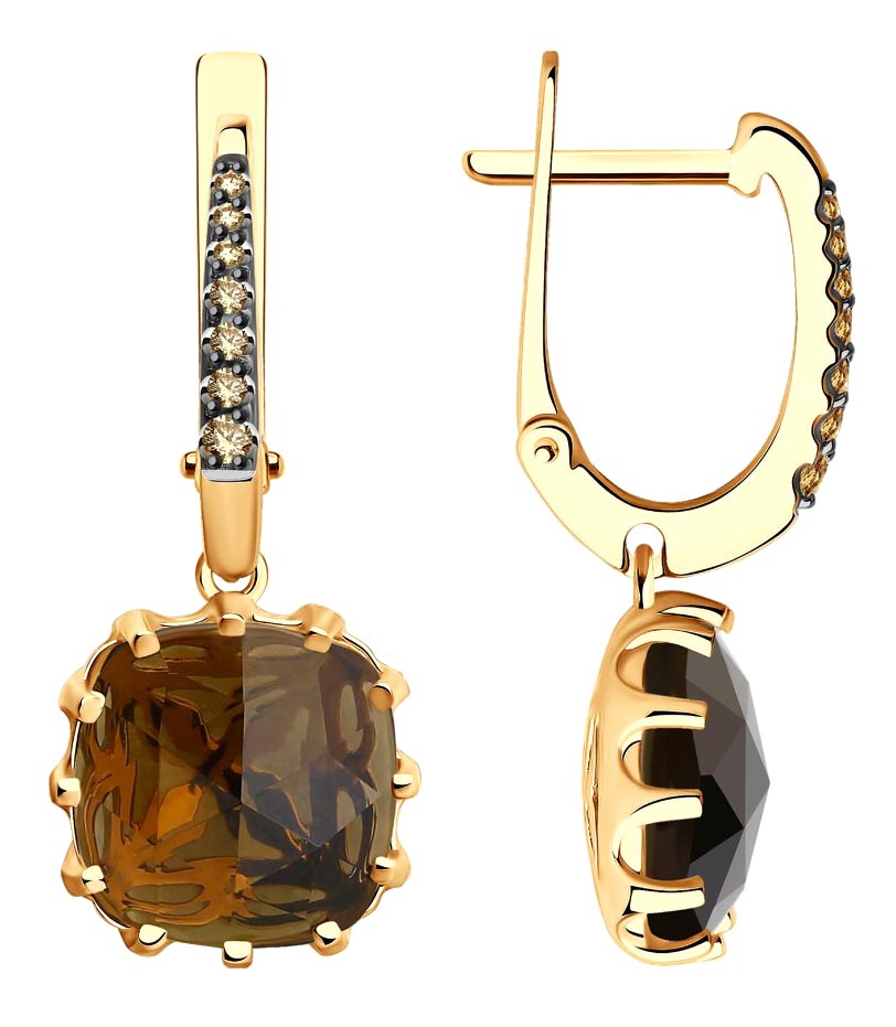 Золотые серьги с подвесками SOKOLOV 6024240 с раухтопазами, коньячными бриллиантами