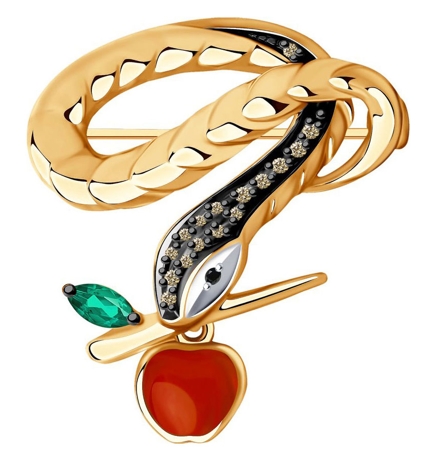 Золотая брошь ''Змея'' SOKOLOV 6047001 с эмалью, коньячными бриллиантами, изумрудом