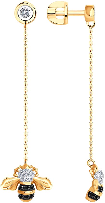 Золотые длинные серьги ''Пчелки'' SOKOLOV 7020088 с бриллиантами, черными бриллиантами