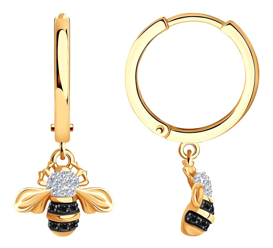 Золотые серьги кольца конго с подвесками ''Пчелки'' SOKOLOV 7020091 с бриллиантами, черными бриллиантами