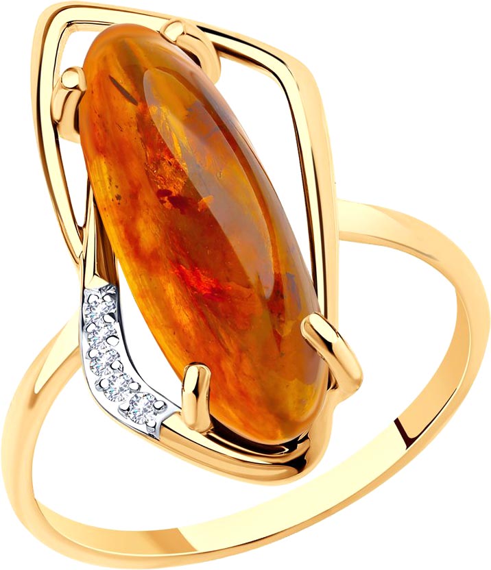 Золотой перстень SOKOLOV 715880 с прессованным янтарем, фианитами