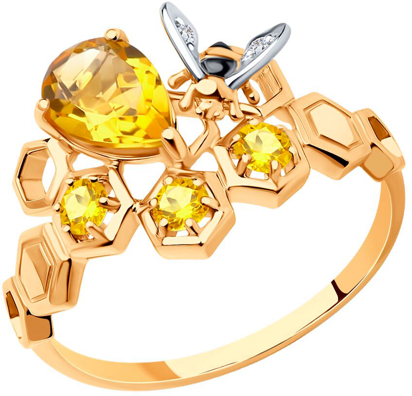 Золотое кольцо ''Пчела и мед'' SOKOLOV 716916 с цитринами, фианитами