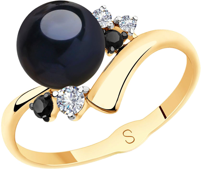 Золотое кольцо SOKOLOV 791139 с черным жемчугом, фианитами
