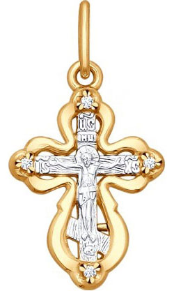 Женский серебряный православный крестик с распятием с позолотой SOKOLOV 93120038 с фианитами
