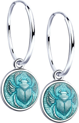 Серебряные серьги кольца конго с подвесками ''Жуки'' SOKOLOV 94023342 с эмалью