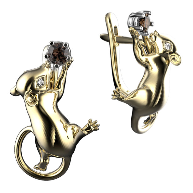 Серебряные серьги ''Мышка с камнем'' Spika Gold 20068-065-08 с дымчатым кварцем, фианитами