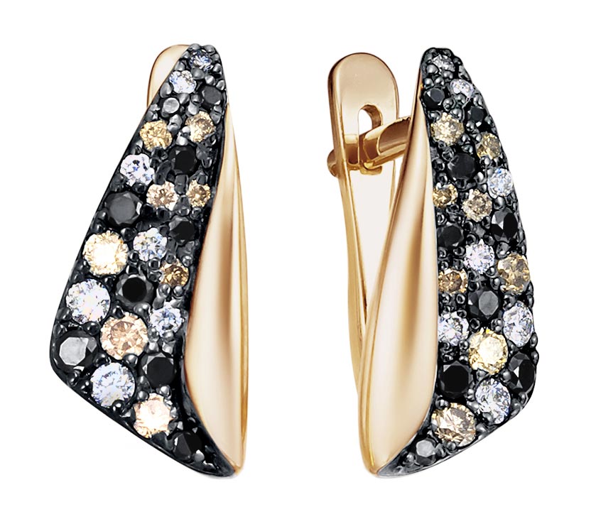 Золотые серьги Vesna jewelry 21142-156-178-00 с черными бриллиантами, коньячными бриллиантами, бриллиантами