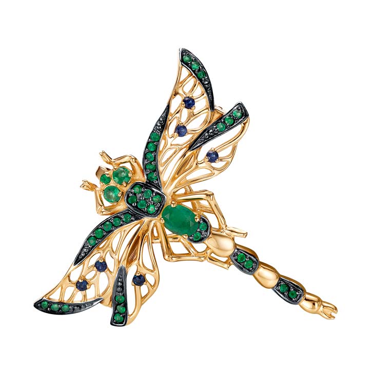Золотая подвеска ''Стрекоза'' Vesna jewelry 31785-157-290-00 с изумрудами, сапфирами