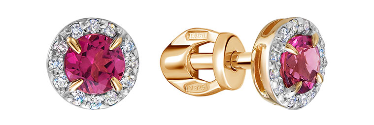 Золотые серьги пусеты-гвоздики Vesna jewelry 4025-151-201-00 с розовыми турмалинами, бриллиантами