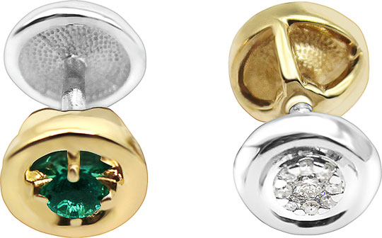 Золотые двухсторонние серьги пусеты-гвоздики Vesna jewelry 4964-253-151-00 с бриллиантами, изумрудами