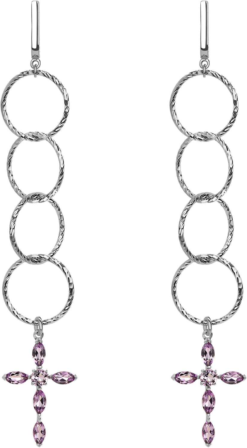 Серебряные длинные серьги круглые с подвесками Yana  Jewellery 117/02W-amethyst с аметистами