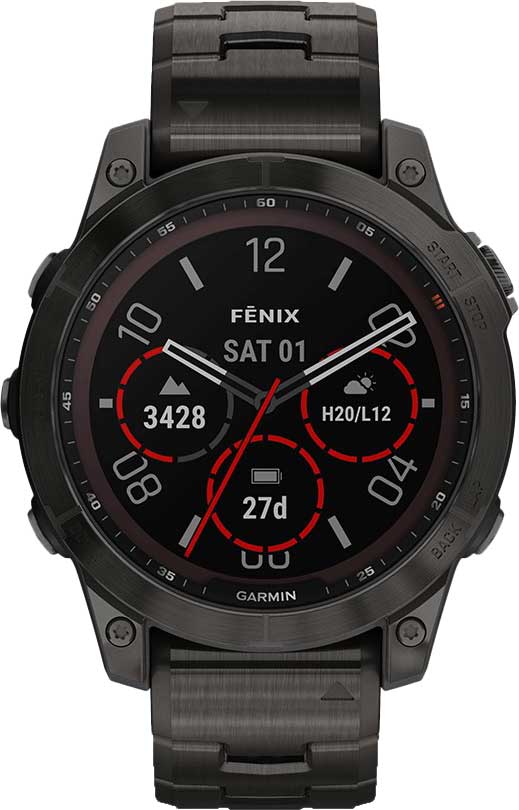 Спортивные титановые наручные часы Garmin Fenix 7 Sapphire Solar Carbon Gray DLC Titanium with Titanium Band 010-02540-39